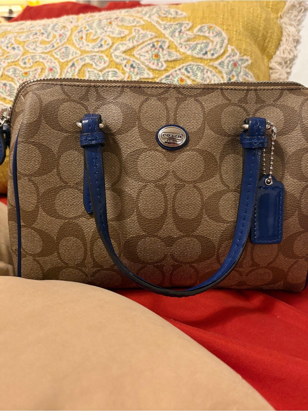 Coach Brown Signature Satchel with Blue Trim